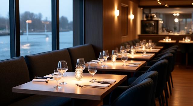 Sofistikert restaurantinteriør med mørke farger, dempet belysning og komfortable sitteplasser